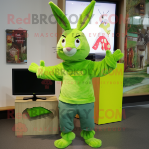 Lime Green Wild Rabbit mascot costume character dressed with a T-Shirt and Beanies