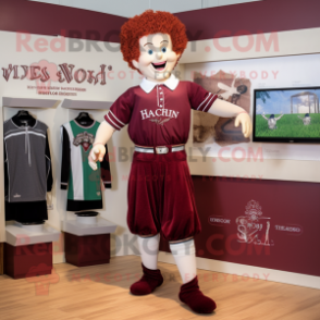 Maroon Irish Dancer mascot costume character dressed with a Polo Tee and Ties
