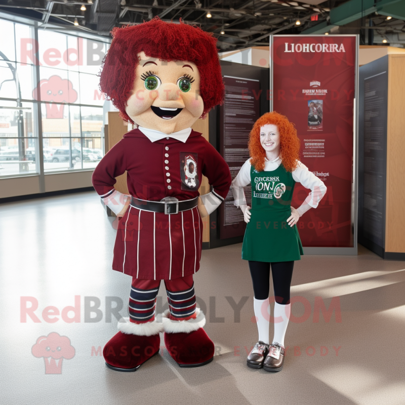 Maroon Irish Dancer mascot costume character dressed with a Polo Tee and Ties