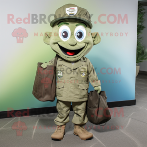 Cream Green Beret mascot costume character dressed with a Boyfriend Jeans and Tote bags