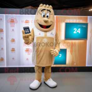 Beige French Fries mascot costume character dressed with a Rugby Shirt and Digital watches