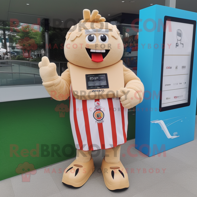 Beige French Fries mascot costume character dressed with a Rugby Shirt and Digital watches