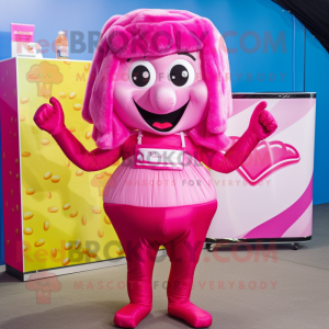 Magenta Candy Box mascot costume character dressed with a Bikini and Belts