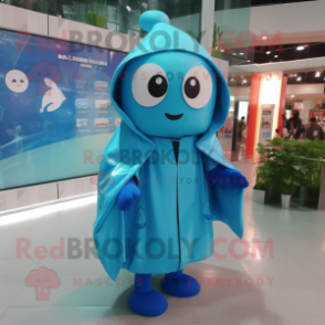 Cyan Momentum mascot costume character dressed with a Raincoat and Shawls