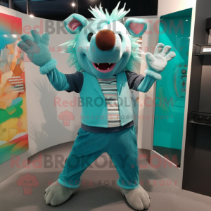 Turquoise Wild Boar mascot costume character dressed with a Henley Shirt and Earrings