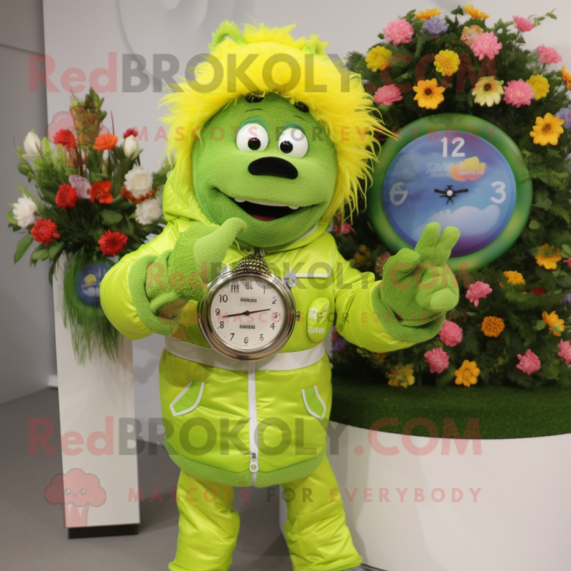 Lime Green Bouquet Of Flowers mascot costume character dressed with a Jacket and Digital watches