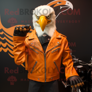 Orange Bald Eagle mascot costume character dressed with a Biker Jacket and Cufflinks