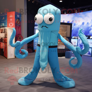 Cyan Kraken mascot costume character dressed with a Yoga Pants and Pocket squares