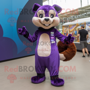 Purple Marten mascot costume character dressed with a Jumpsuit and Ties