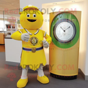 Lemon Yellow Celtic Shield mascot costume character dressed with a Henley Shirt and Bracelet watches