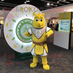 Lemon Yellow Celtic Shield mascot costume character dressed with a Henley Shirt and Bracelet watches