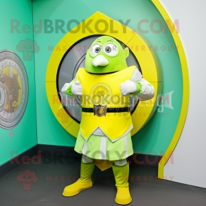 Lemon Yellow Celtic Shield mascot costume character dressed with a Henley Shirt and Bracelet watches