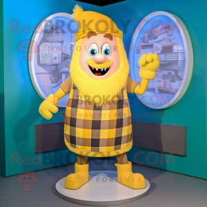 Yellow Celtic Shield mascot costume character dressed with a Flannel Shirt and Caps