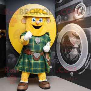 Yellow Celtic Shield mascot costume character dressed with a Flannel Shirt and Caps