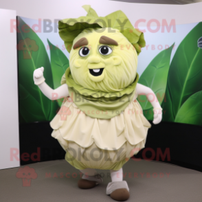 Beige Cabbage Leaf mascot costume character dressed with a Skirt and Digital watches