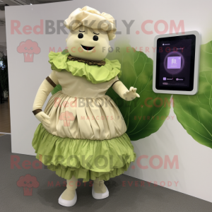 Beige Cabbage Leaf mascot costume character dressed with a Skirt and Digital watches