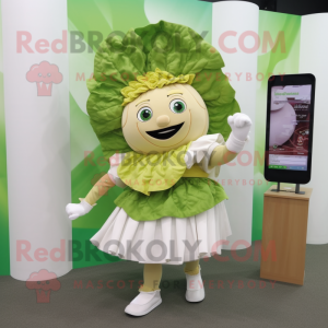 Beige Cabbage Leaf mascot costume character dressed with a Skirt and Digital watches