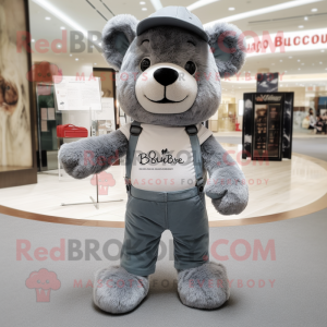 Gray Teddy Bear mascot costume character dressed with a Bootcut Jeans and Pocket squares
