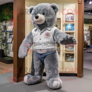 Gray Teddy Bear mascot costume character dressed with a Bootcut Jeans and Pocket squares