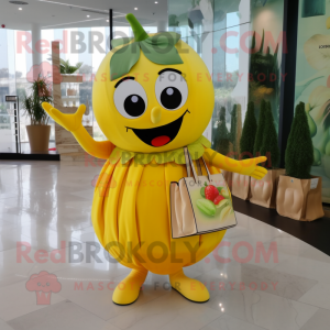 Yellow Tomato mascot costume character dressed with a Dress and Clutch bags