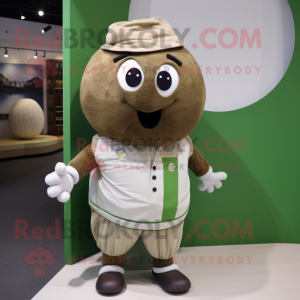 Olive Meatballs mascot costume character dressed with a Polo Tee and Shawl pins