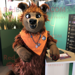 Rust Hyena mascot costume character dressed with a Poplin Shirt and Necklaces