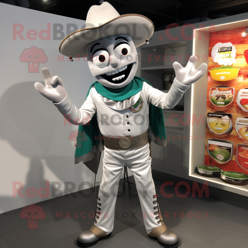 Silver Fajitas mascot costume character dressed with a Overalls and Cufflinks