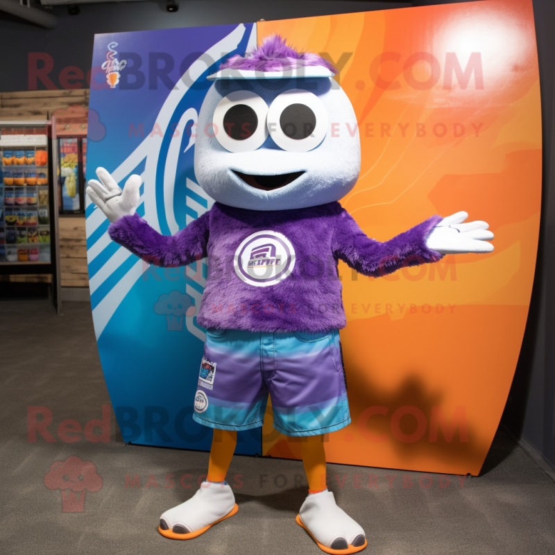 Purple Momentum mascot costume character dressed with a Board Shorts and Anklets