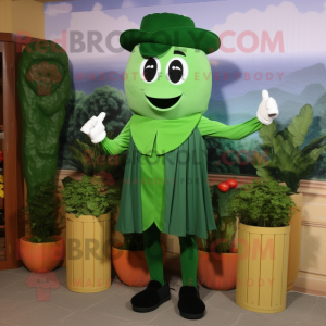 Forest Green Celery mascot costume character dressed with a Bermuda Shorts and Suspenders