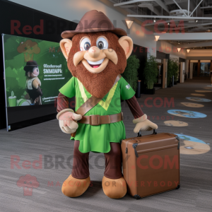 Brown Leprechaun mascot costume character dressed with a Romper and Messenger bags