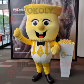 Lemon Yellow Pop Corn mascot costume character dressed with a Romper and Pocket squares