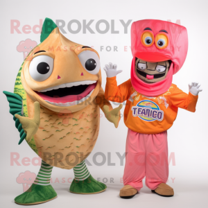 Peach Fish Tacos mascot costume character dressed with a Rash Guard and Cummerbunds