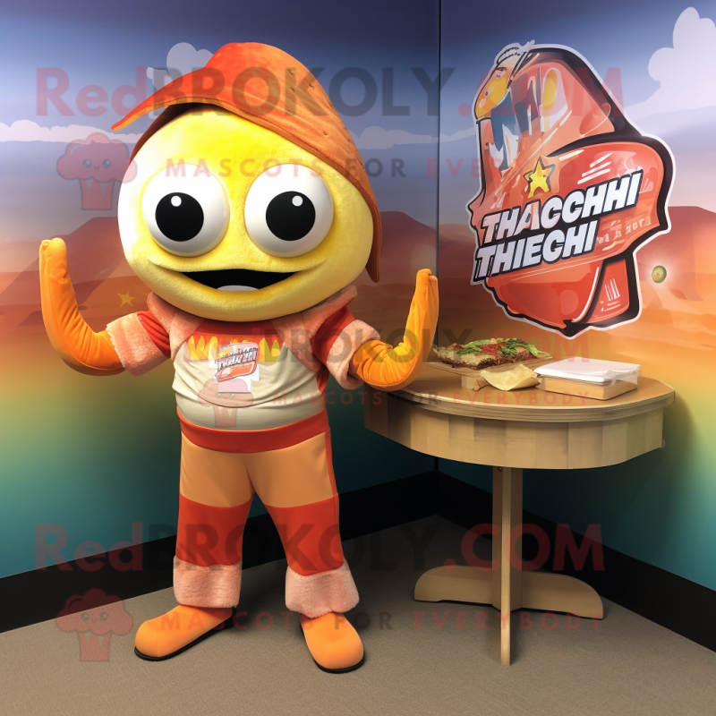 Peach Fish Tacos mascot costume character dressed with a Rash Guard and Cummerbunds