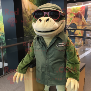 Forest Green Komodo Dragon mascot costume character dressed with a Corduroy Pants and Sunglasses