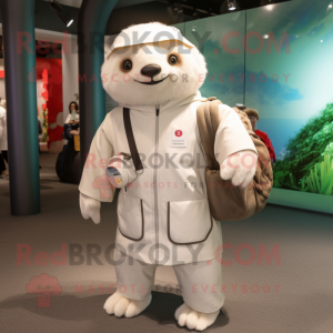 White Sloth mascot costume character dressed with a Raincoat and Messenger bags
