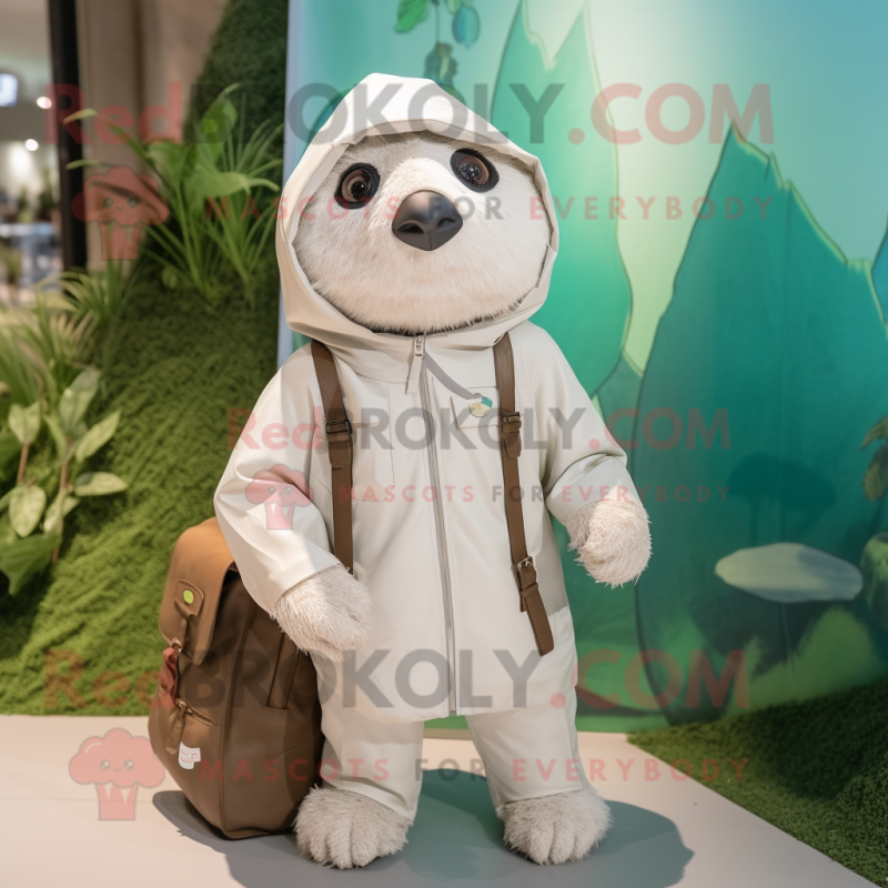 White Sloth mascot costume character dressed with a Raincoat and Messenger bags