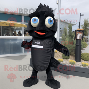 Black Fish And Chips mascot costume character dressed with a Jeggings and Brooches