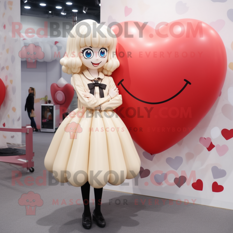 Cream Heart Shaped Balloons mascot costume character dressed with a A-Line Skirt and Hair clips