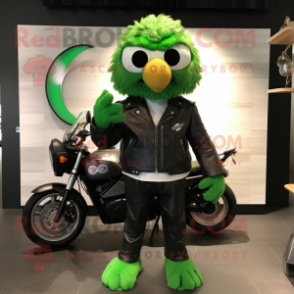 Forest Green Fried Chicken mascot costume character dressed with a Moto Jacket and Cufflinks