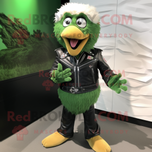 Forest Green Fried Chicken mascot costume character dressed with a Moto Jacket and Cufflinks