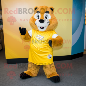 Yellow Marmot mascot costume character dressed with a Wrap Skirt and Foot pads