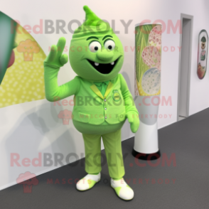 Lime Green Ice Cream mascot costume character dressed with a Trousers and Lapel pins