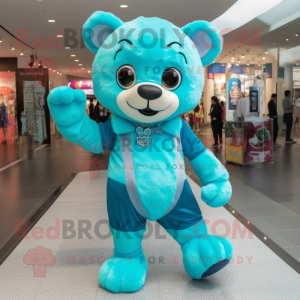 Turquoise Teddy Bear mascot costume character dressed with a Culottes and Bracelets