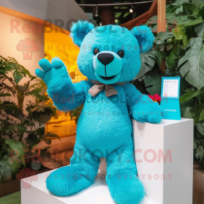 Turquoise Teddy Bear mascot costume character dressed with a Culottes and Bracelets