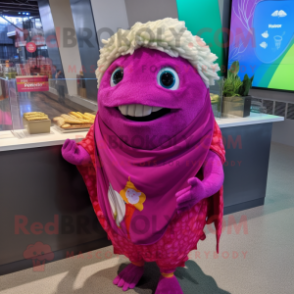 Magenta Fish Tacos mascot costume character dressed with a One-Piece Swimsuit and Shawl pins