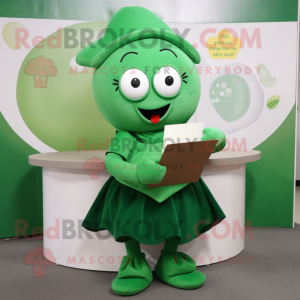 Green Love Letter mascot costume character dressed with a Circle Skirt and Mittens