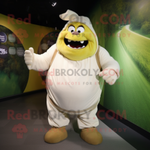 Cream Ogre mascot costume character dressed with a Windbreaker and Wraps