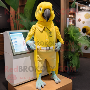 Lemon Yellow Macaw mascot costume character dressed with a Playsuit and Messenger bags