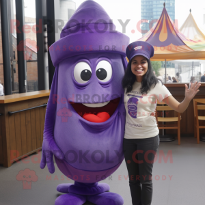 Purple Ceviche mascot costume character dressed with a Sheath Dress and Beanies