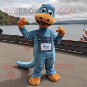 Rust Loch Ness Monster mascot costume character dressed with a Denim Shirt and Anklets